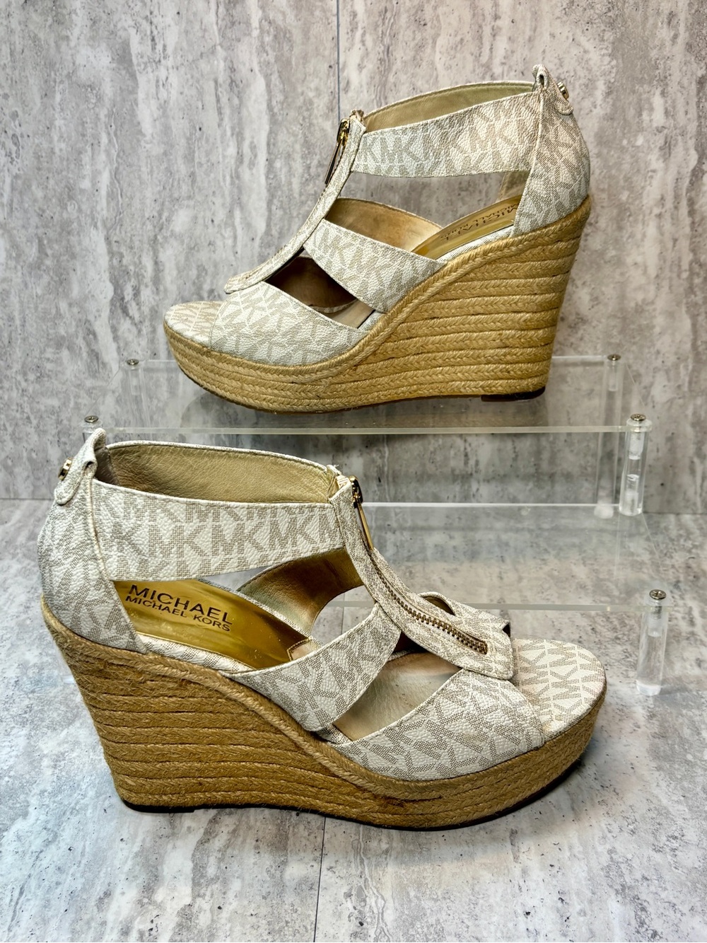 Michael Kors Damita Ivory White Logo  Zip Wedge Heels Sandals Sz 7.5M